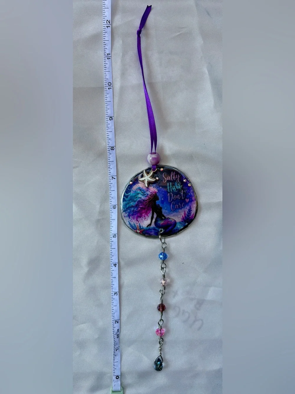 Decoupage Mermaid 'Salty Hair Don't Care' Purple & Blue Crystal Suncatcher